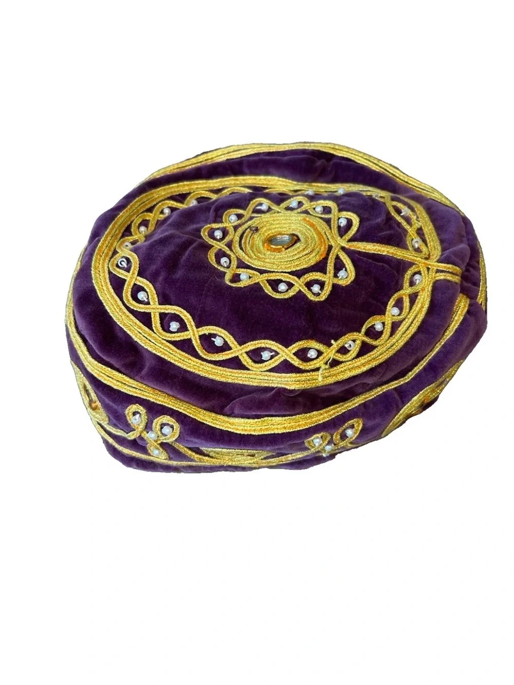 Vintage Velvet Embroidered Turkish Islamic Hat Kufi Gold Thread Mirror Bead